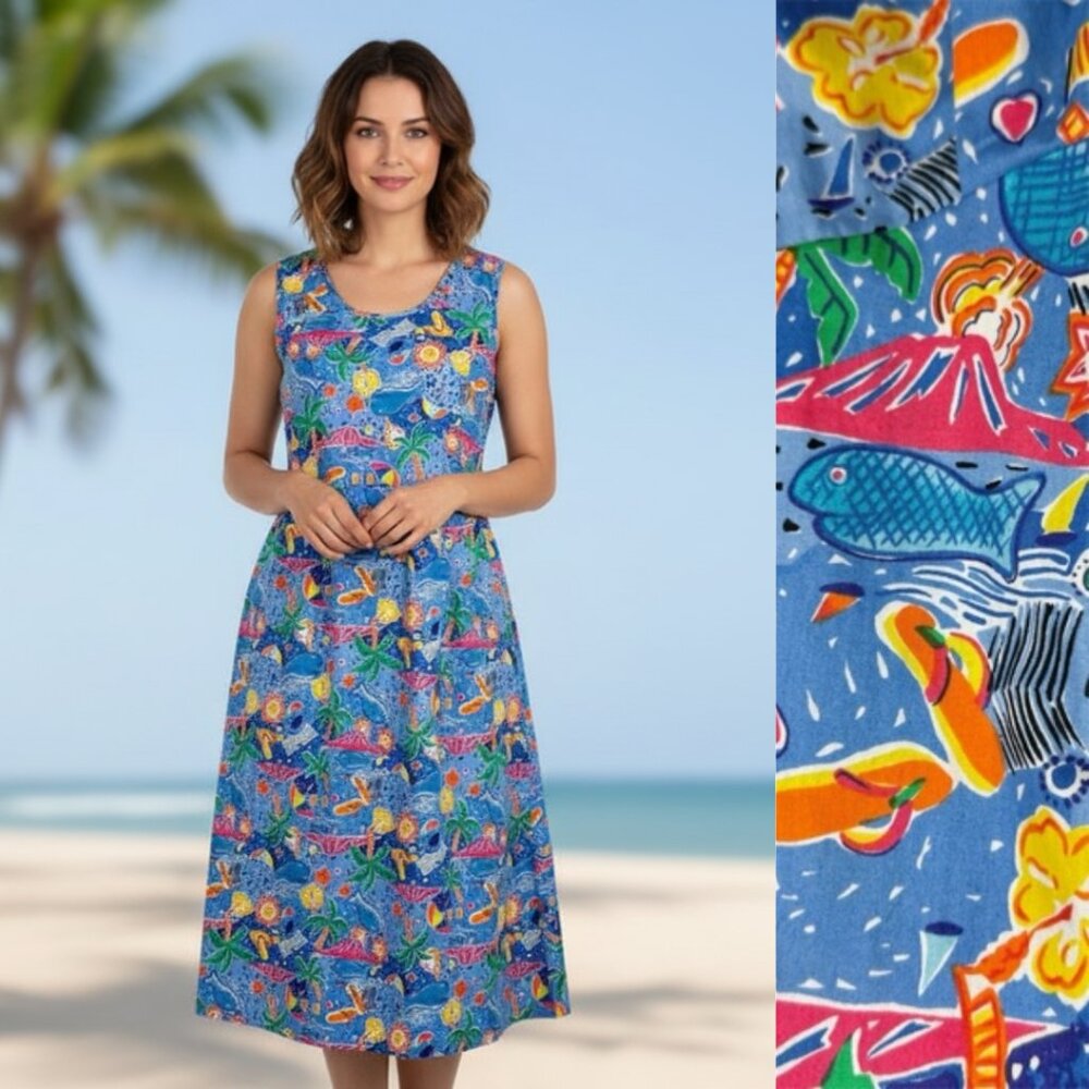 Hilo Hattie Vintage Hawaiian Dress Seaside Sleeveless Tropical Blue M Beach EUC